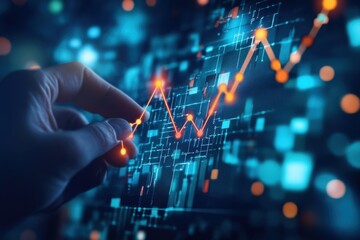 Hand interacts with a digital graph showing growth. Illustrates data analysis, technological advancements, and business success.