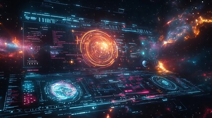 Obraz premium A futuristic HUD for interstellar navigation, showcasing glowing star charts, dynamic planetary motion visuals, layered holograms, vibrant nebula patterns, and intricate cosmic overlays,