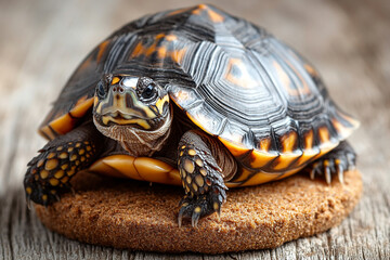Fototapeta premium Yellow Footed Tortoise On Brown Surface