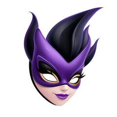 Character design featuring a mystical villain with a striking purple mask and dramatic hairstyle