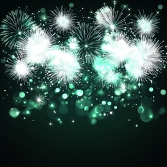 Fototapeta premium Festive teal and white fireworks exploding against a dark background with bokeh lights.