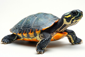 Obraz premium A Colorful Young Turtle Crawls On White Background