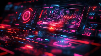 Obraz premium A futuristic minimalistic HUD design with glowing neon circuits, intricate geometric overlays, and clean motion effects, set in a dark and sleek high-tech environment, hd quality. --ar 16:9