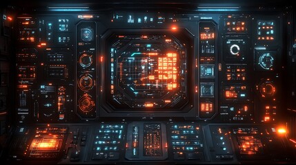 A futuristic modular HUD with abstract panels, rotating holographic displays, glowing data readouts, intricate grid layouts, vibrant neon accents, and dynamic light effects,