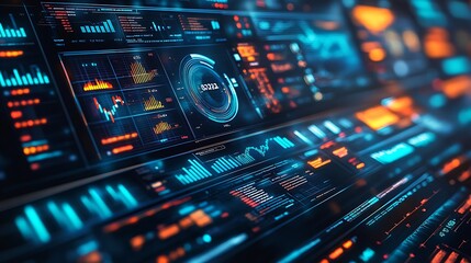 Obraz premium A futuristic sci-fi dashboard featuring rotating 3D graphs, glowing holographic charts, intricate grid overlays, and dynamic motion trails, set in a sleek high-tech interface, hd quality. --ar 16:9