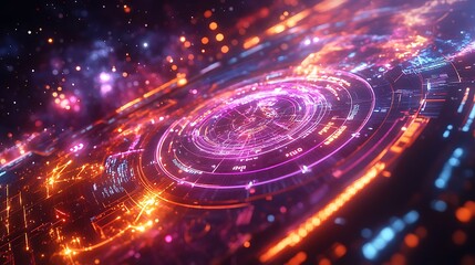 Obraz premium A futuristic space-themed HUD featuring interactive galactic maps, glowing nebula patterns, rotating celestial grids, pulsating neon lights, and intricate holographic elements,