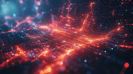 Obraz premium A glitch-inspired futuristic HUD with fragmented data visuals, glowing neon fractures, pulsating light trails, and intricate pixelated overlays, creating a chaotic and immersive aesthetic, hd quality.