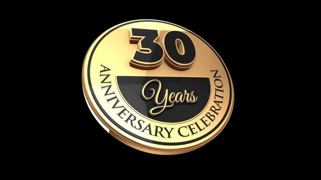 30 years, 30th anniversary logo, loop, looped video in 3D Gold with Alpha channel,  isolated transparent background