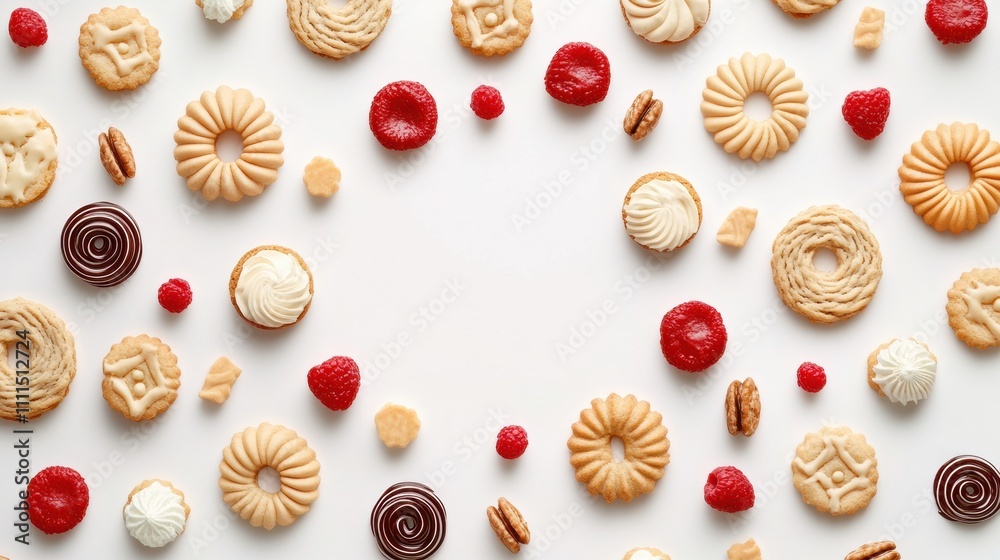 Poster An enticing variety of cookies and sweets arranged on a white surface, featuring ample empty space perfect for adding custom text or messages. Generative AI