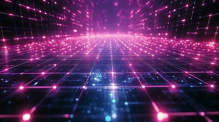 Obraz premium A glowing digital grid system with interconnected points, vibrant neon highlights, intricate grid textures, and seamless motion effects, set against a sleek high-tech background, hd quality.