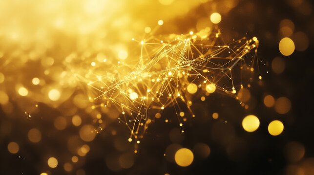 Abstract technology background featuring a network and connection concept with glowing golden bokeh lights, shimmering digital elements, and a futuristic design for modern innovation and high-tech vis