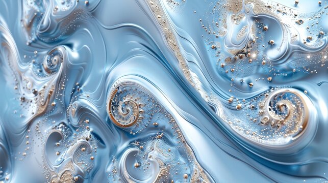 Abstract blue and gold metallic fluid forming spiral patterns, ideal for backgrounds and design projects