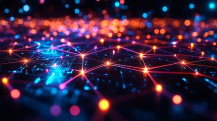 Obraz premium A glowing grid system with intricate geometric designs, vibrant neon nodes, seamless connection overlays, and dynamic holographic depth, set against a sleek sci-fi background, hd quality. --ar 16:9