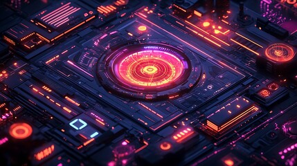 Obraz premium A glowing isometric HUD design with interwoven networks, dynamic holographic paths, intricate geometric patterns, and pulsating neon accents, futuristic and immersive,