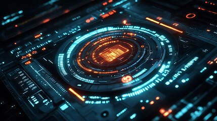 Obraz premium A glowing minimalistic HUD design with abstract geometric patterns, vibrant neon circuits, and dynamic motion animations, set in a dark high-tech environment, hd quality. --ar 16:9
