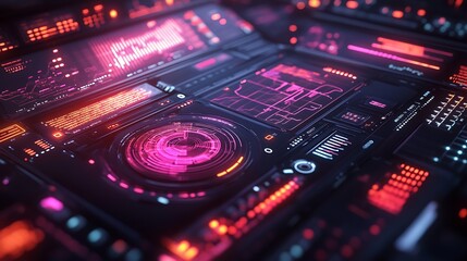 Fototapeta premium A glowing sci-fi dashboard with dynamic rotating 3D charts, intricate holographic graphs, vibrant neon highlights, and layered futuristic overlays, creating a sleek and immersive design, hd quality.