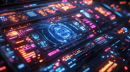 Fototapeta premium A high-tech control panel interface featuring interactive 3D holographic icons, pulsating neon lights, dynamic animations, intricate grid textures, and seamless futuristic patterns,