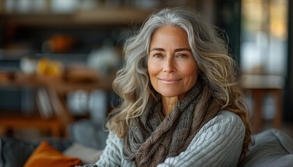 Obraz premium smiling middle aged woman sitting on sofa at home