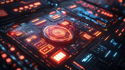 Obraz premium A high-tech futuristic control panel featuring dynamic holographic icons, glowing neon circuits, intricate grid-based layouts, rotating energy visuals, and seamless animations,