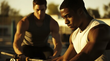 Personal trainer motivating a young man on a rowing machine during a high-intensity workout
