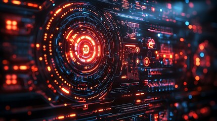 Obraz premium A high-tech gear-driven interface with dynamic connections, glowing neon circuits, intricate mechanical overlays, and rotating geometric designs, set against a sleek sci-fi background, hd quality.