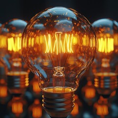 Hyper-realistic yellow light bulbs in chiaroscuro with reflections on black gradient background