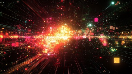 Obraz premium A high-tech glitch-themed interface featuring shattered holographic grids, fragmented neon data visuals, pulsating pixel patterns, and dynamic motion trails, set in a dark digital space, hd quality.