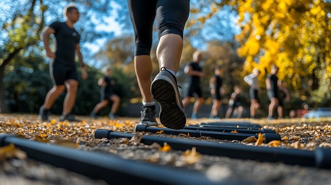 Trainer leading a small group in agility ladder drills during an outdoor workout