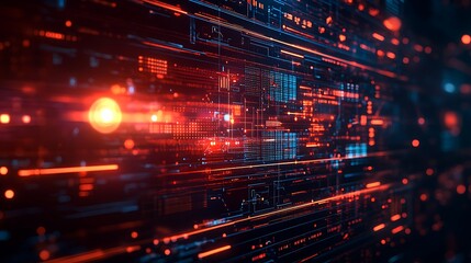 Fototapeta premium A high-tech technology panel showcasing pulsating neon light trails, intricate geometric overlays, dynamic holographic effects, and vibrant gradients, futuristic and immersive,