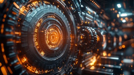 Fototapeta premium A mechanical tech interface with intricate rotating gears, vibrant neon highlights, glowing holographic paths, and dynamic animations, layered with futuristic grid patterns,