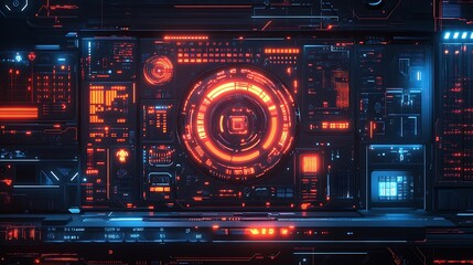 Obraz premium A minimal HUD interface showcasing sleek geometric shapes, glowing neon outlines, intricate circuit paths, and seamless futuristic overlays, set in a sleek digital space, hd quality. --ar 16:9