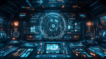 Fototapeta premium A minimal HUD with sleek geometric outlines, vibrant neon circuit trails, and dynamic holographic overlays, creating a simple yet futuristic sci-fi aesthetic, hd quality. --ar 16:9