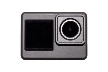 An action camera on a white background.An action camera for video blogging.A digital video camera for shooting extreme sports.