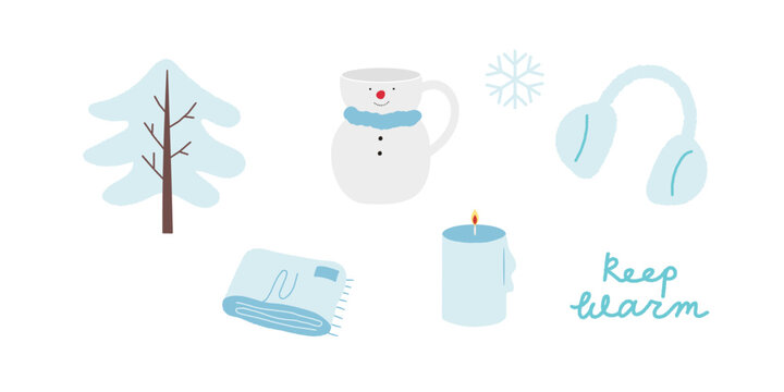 Winter Cozy Icons - Snowman Mug, Tree, Blanket, earmuff- Seasonal Holiday Illustrations