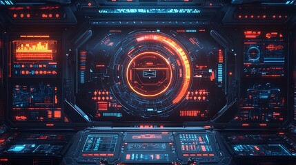 Fototapeta premium A sleek modular HUD featuring abstract geometric panels, rotating holographic overlays, pulsating neon highlights, seamless data transitions, and intricate grid patterns,