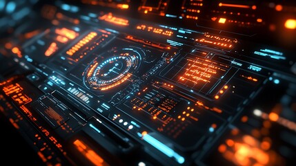 Obraz premium A sleek modular HUD with glowing panels, dynamic holographic displays, rotating geometric patterns, vibrant neon overlays, intricate grid textures, and a minimalist futuristic design,