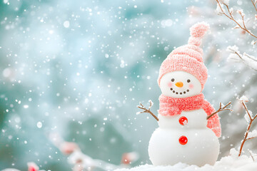 Fototapeta premium Adorable Snowman in Winter Wonderland Festive Holiday Stock Image