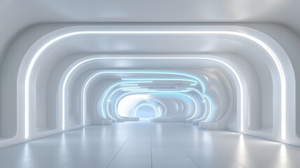 Obraz premium Futuristic, sleek corridor with glowing archways and reflective floors, creating a sense of infinite depth