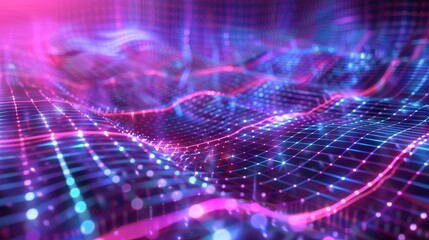 Glowing neon grid forming a digital wave landscape, perfect for technology, big data, and futuristic concepts