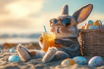 Easter Bunny Relaxing on Beach with Sunglasses and Tropical Drink
