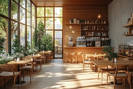 Cozy Wooden Cafe Interior Soft Natural Light Minimalistic Scandinavian Design Warm Earthy Tones Inviting Atmosphere