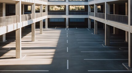 Fototapeta premium Aerial view of an empty parking structure featuring shadows and architectural lines highlighting the modern design and spacious layout of the area.