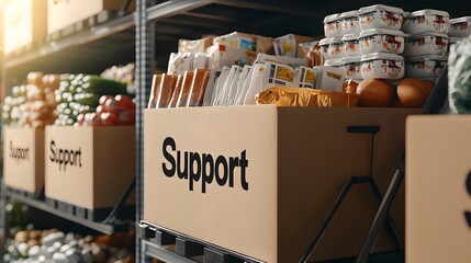 Fototapeta premium Close-Up of Labeled Boxes Filled with Essential Supplies in a Modern Warehouse for Community Support and Assistance