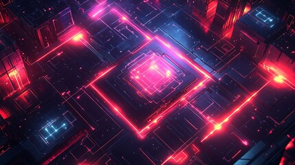 Obraz premium An isometric vector HUD featuring vibrant interwoven networks, glowing connection paths, intricate holographic overlays, and dynamic animations, set in a futuristic digital void, hd quality.