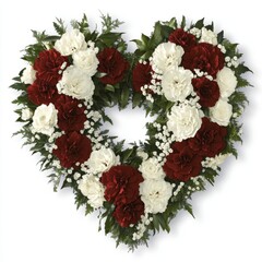 Heart-shaped funeral wreath of red and white carnations.