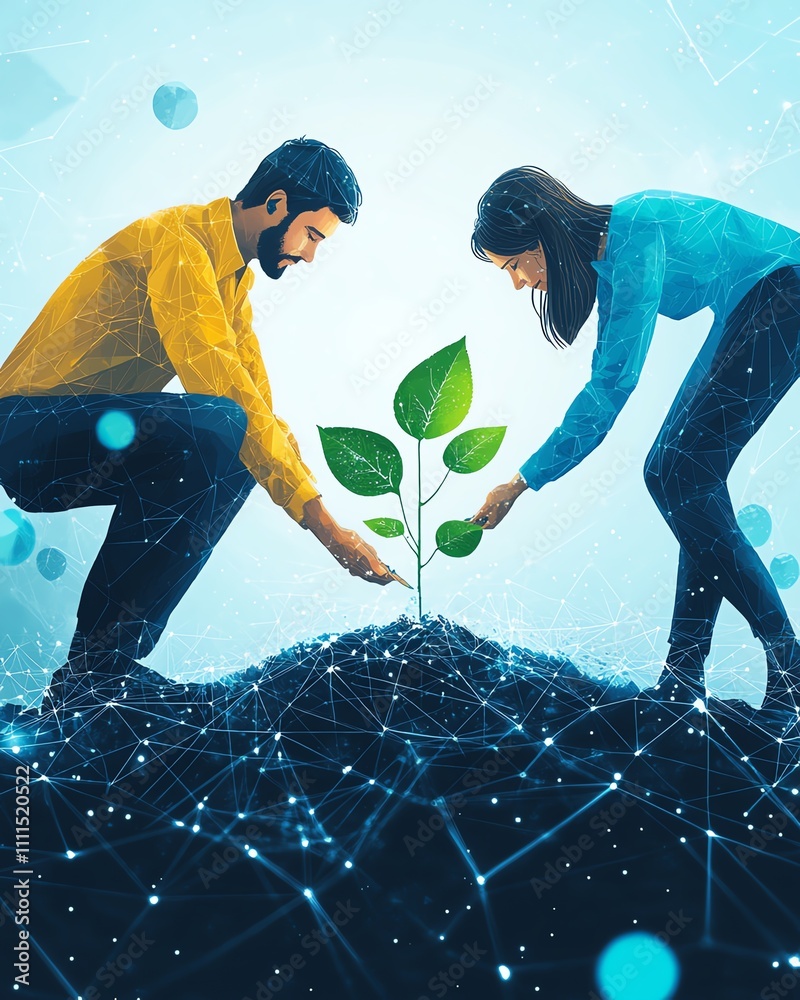 Aufkleber A team of global data scientists planting seeds in a field of data, symbolizing the global innovation and progress in data science, bright and positive atmosphere