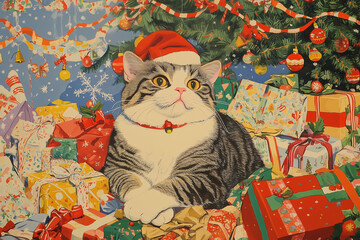 A festive illustration of a cheerful cat wearing a Santa hat and a bell collar, surrounded by brightly wrapped Christmas gifts and a beautifully decorated tree. The vibrant colors and playful details 