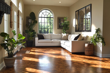 Fototapeta premium Sunlit Living Room With White Sectional Sofa And Plants