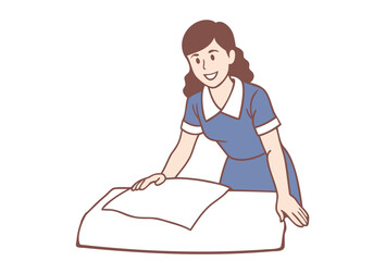 A woman in a cleaning maid outfit is laying out a bed sheet and folding a blanket. Hand drawn style vector design illustrations.
