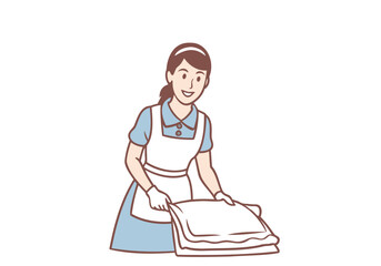 A woman in a cleaning maid outfit is laying out a bed sheet and folding a blanket. Hand drawn style vector design illustrations.
